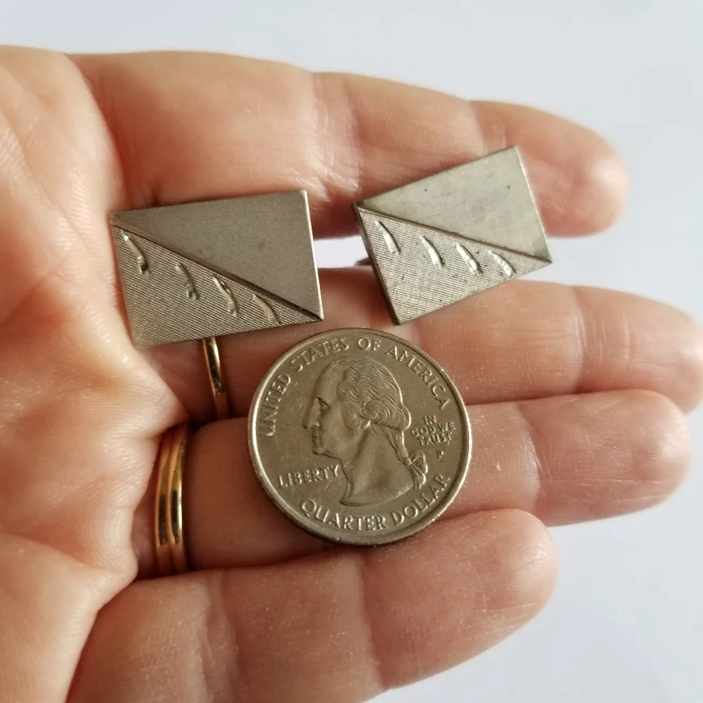 Vintage cuff links silver tone rectangular diagonal lines cufflinks mens jewelry